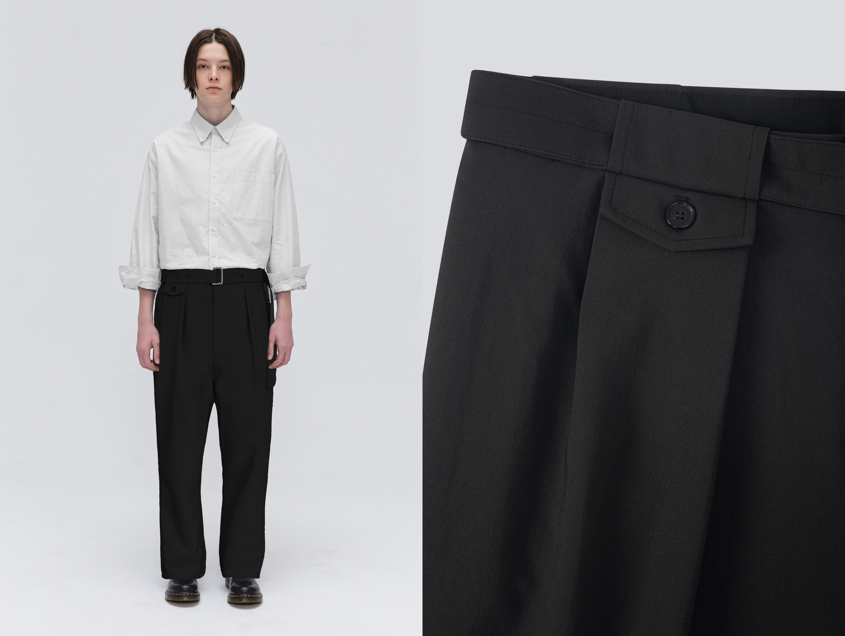 Belted Pocket Wide Pants - Black