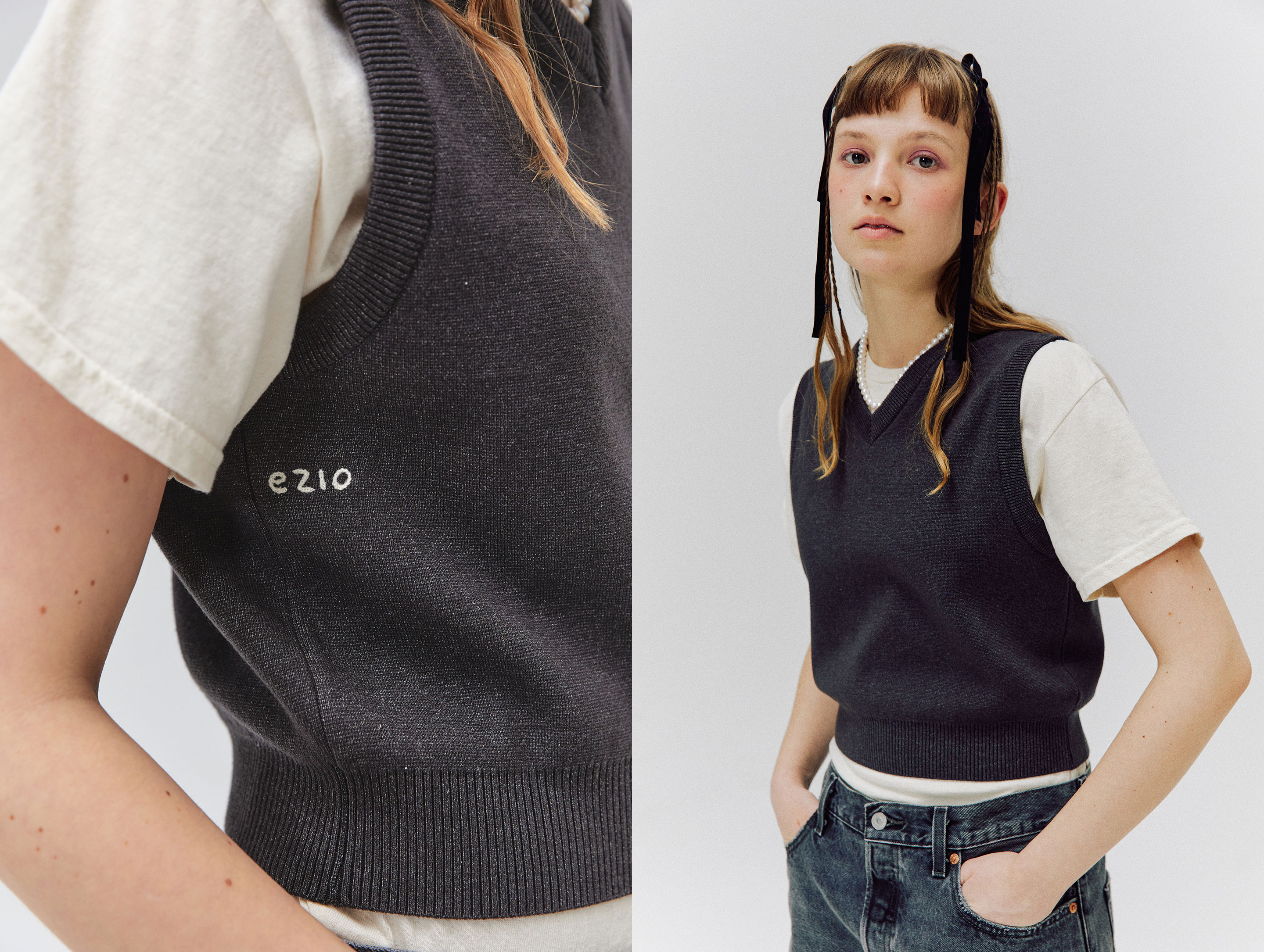 [4/3 예약배송] V Neck Embroidery Knit Vest - Grey