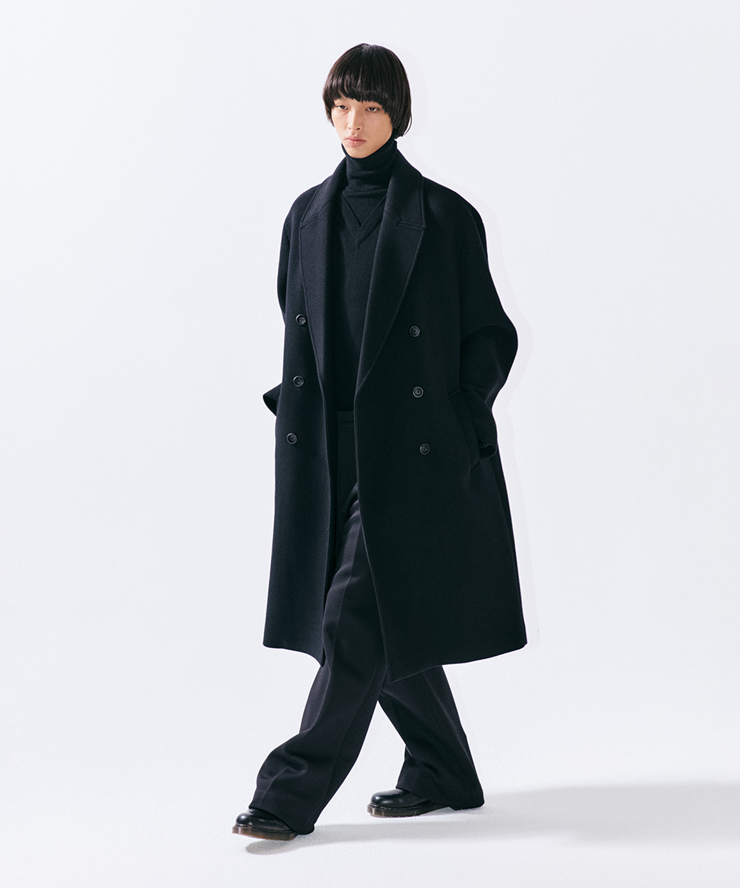 Wide Collar Cashmere Double Long Coat - Black